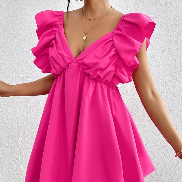 Ruffled V-Neck Cap Sleeve Mini Dress - Picture 1 of 9